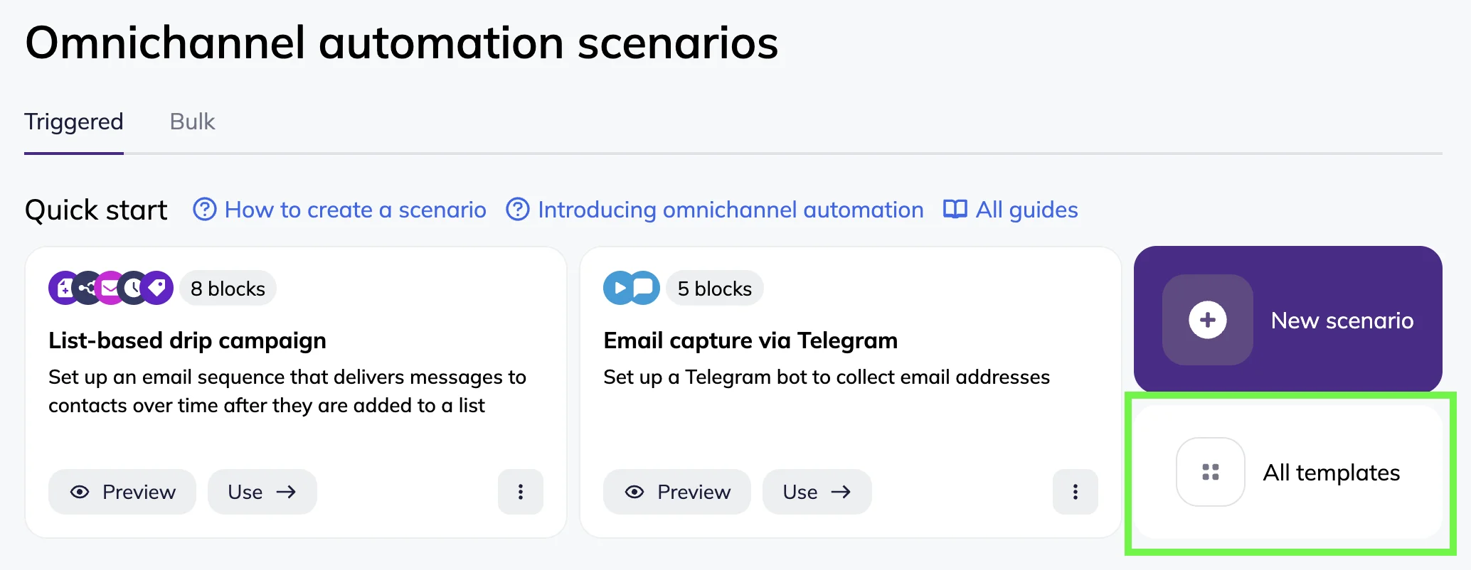 Omnichannel automation scenarios page with the All templates button highlighted 