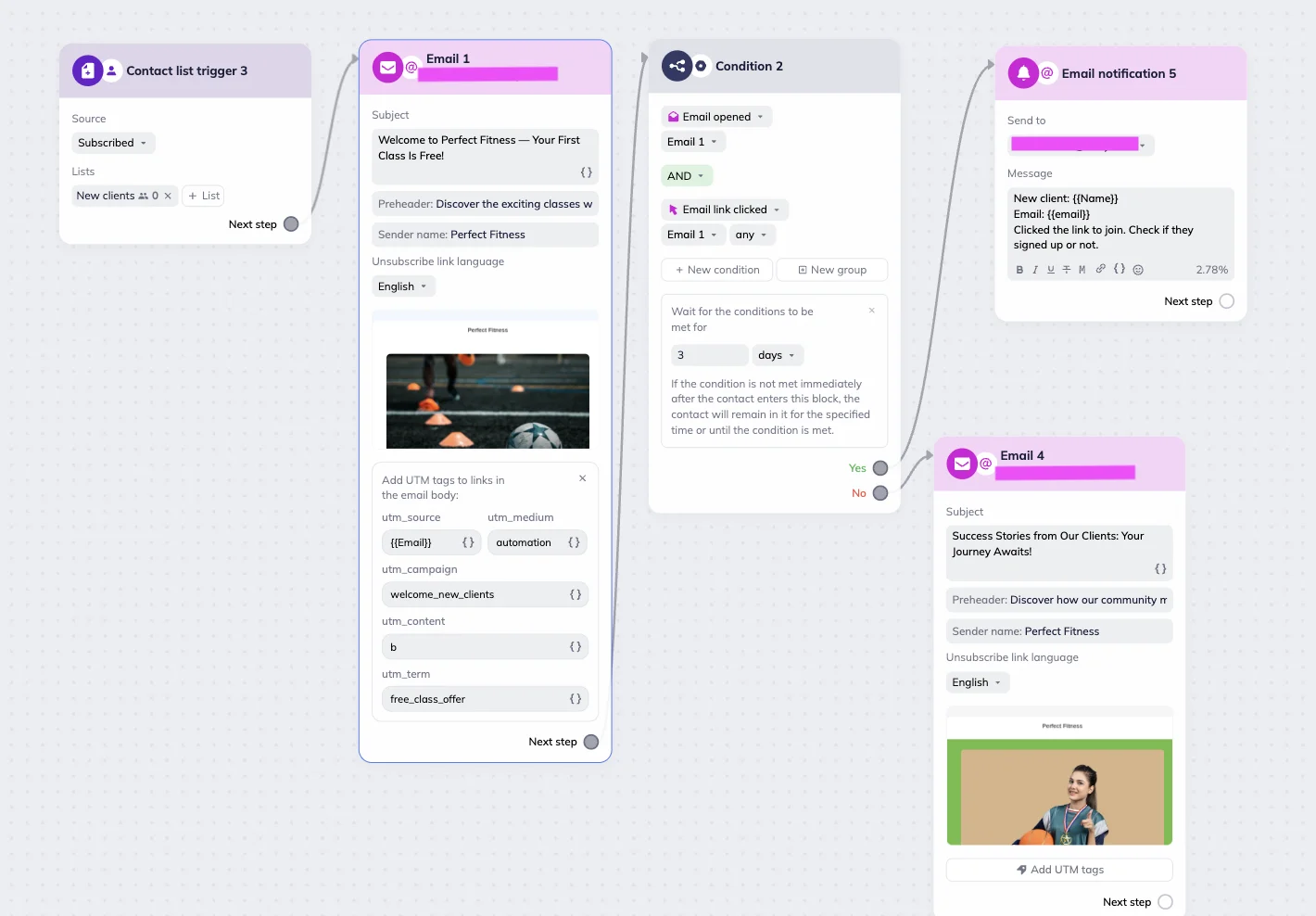 Setting up a triggered welcome email campaign in Selzy’s scenario editor. 