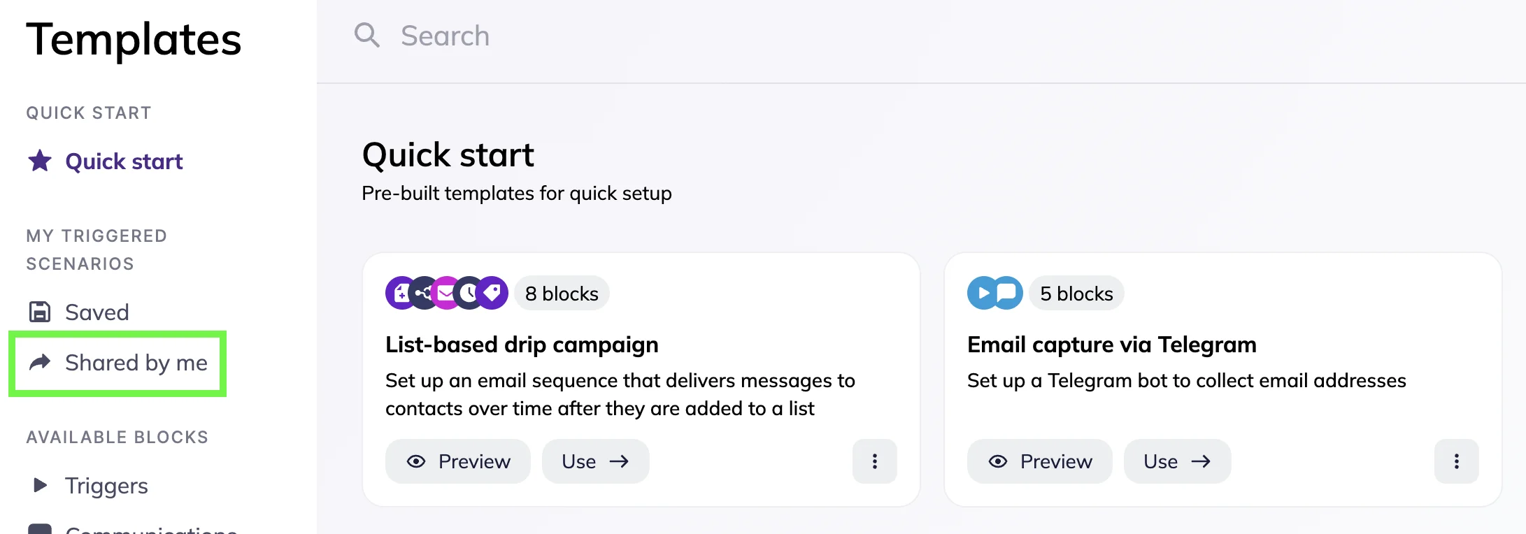 emplates page with the “Shared by me” option in the menu highlighted 