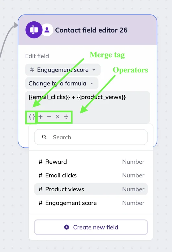 Contact field editor block in Selzy’s omnichannel scenario workspace showing merge tag, operators and a dropdown list of custom fields. 