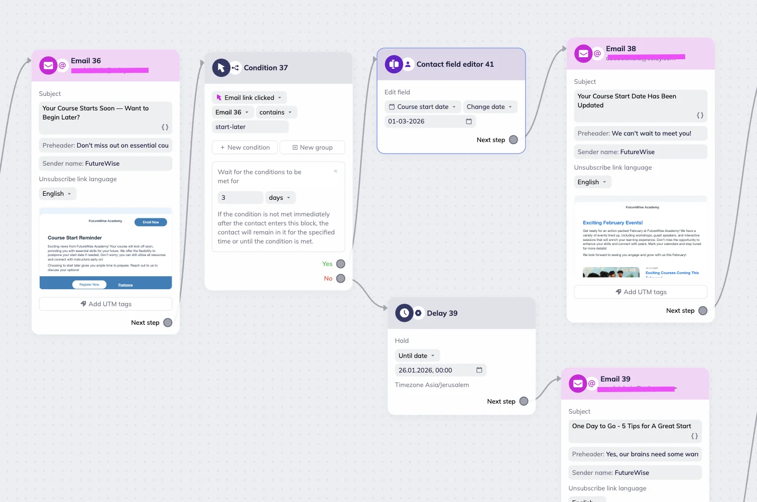 Selzy scenario editor’s workspace showing a scenario with Email, Condition, Contact field editor and Delay blocks. 
