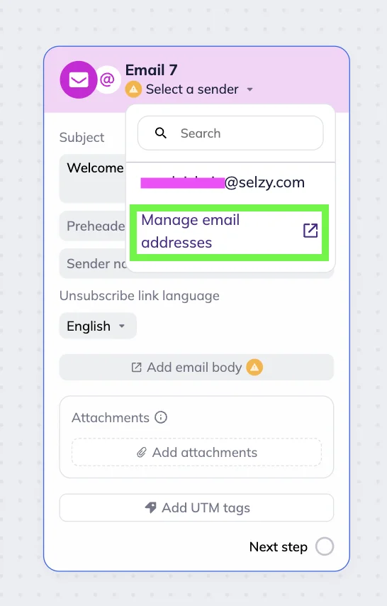 The Email block in Selzy’s scenario editor 