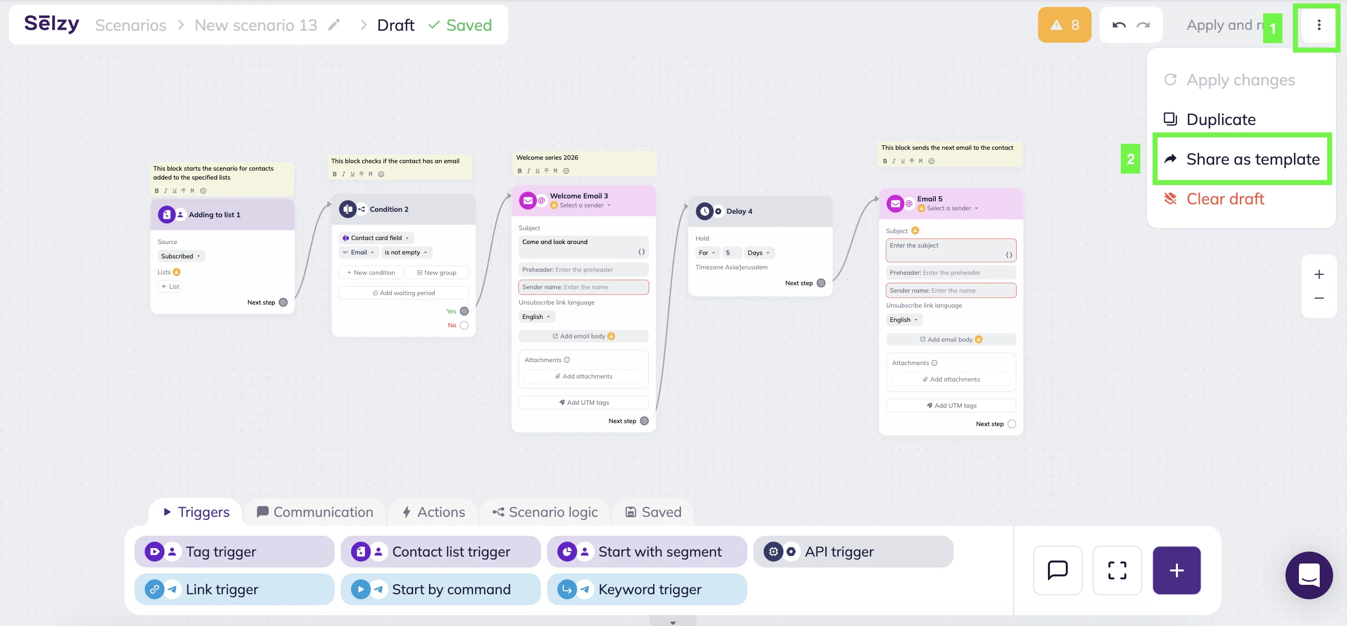 Selzy scenario editor’s workspace and scenario actions, including “Share as a template” option 
