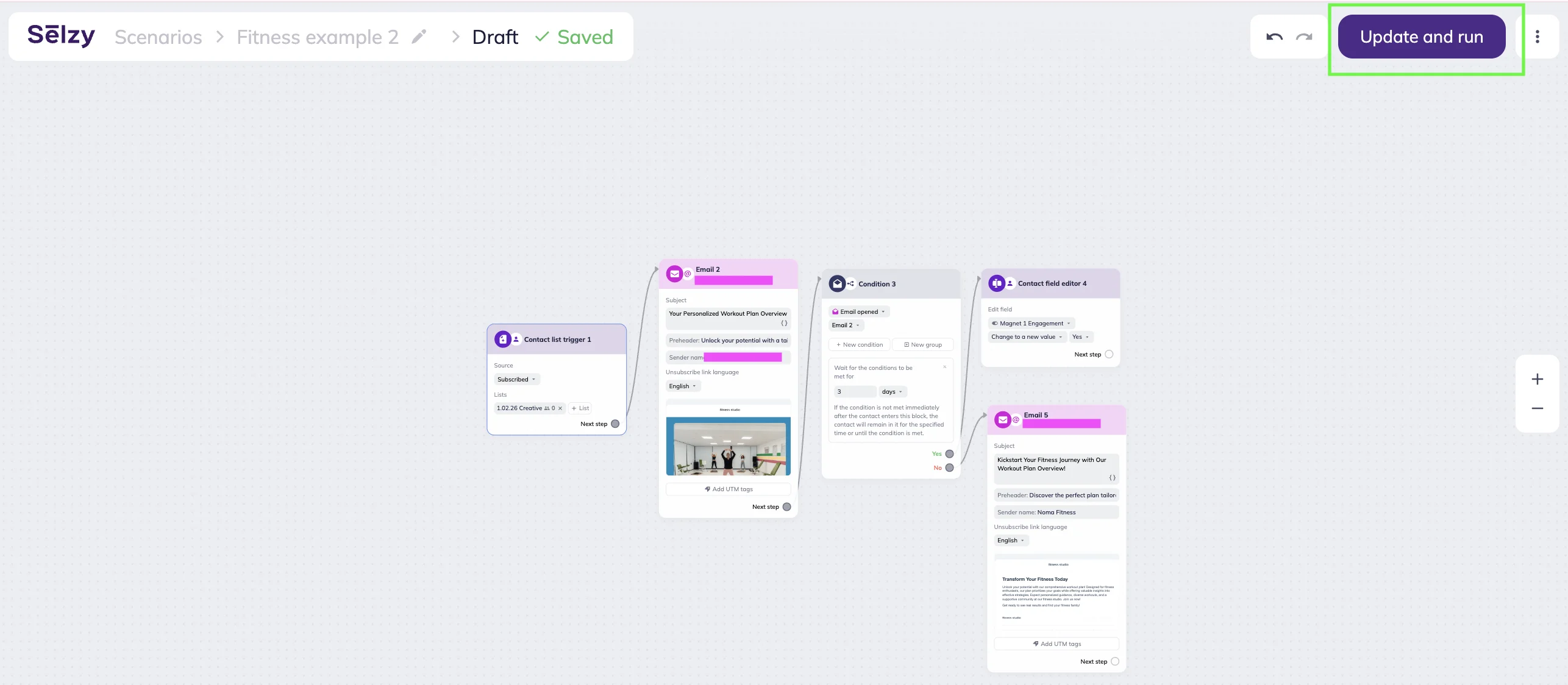 Selzy scenario editor’s workspace with “Update and Run” button highlighted. 