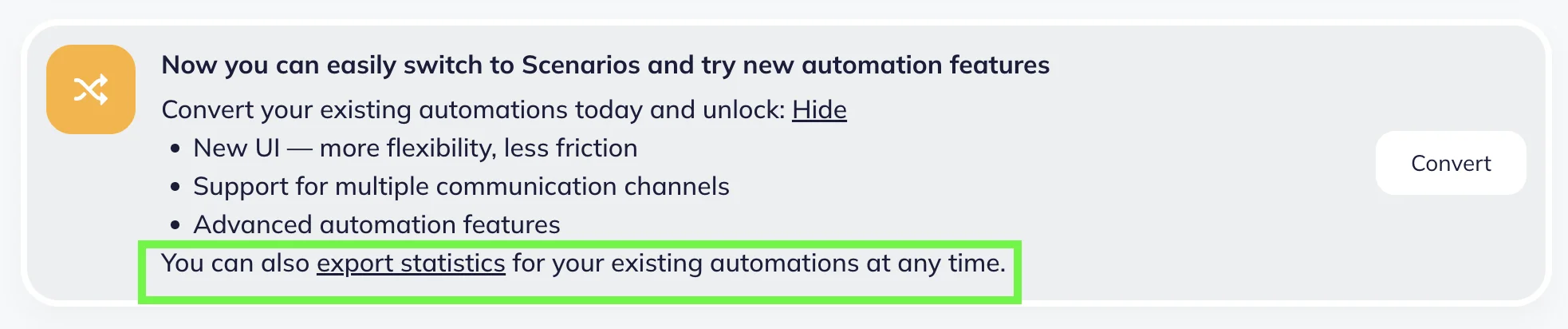 Notification with “More” menu and “Export statistic” link highlighted on Selzy’s Automation page 