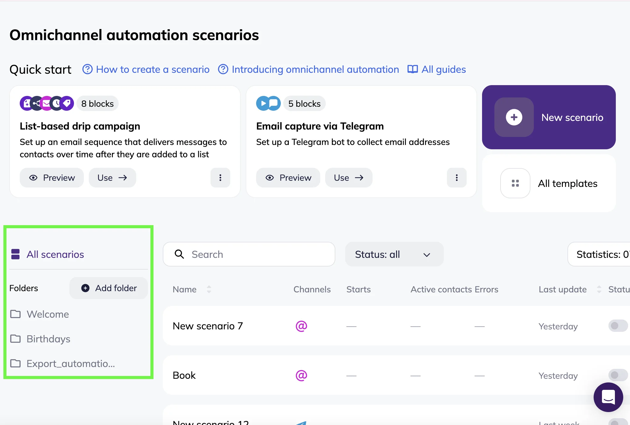 Omnichannel automation scenarios page with the Folders section highlighted. 