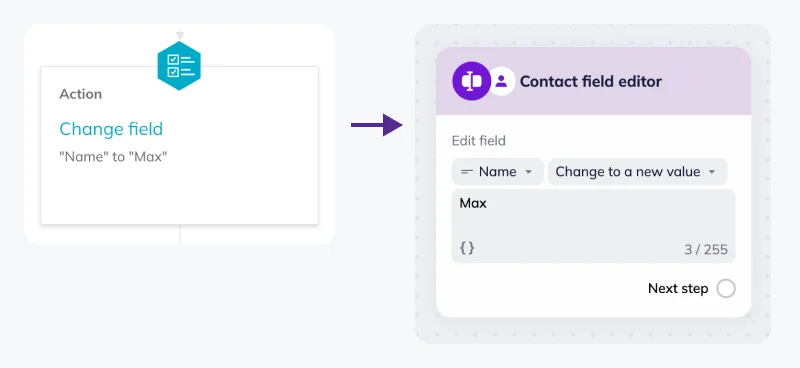 Comparison between Change field block in Automations and Contact field editor block in Scenarios