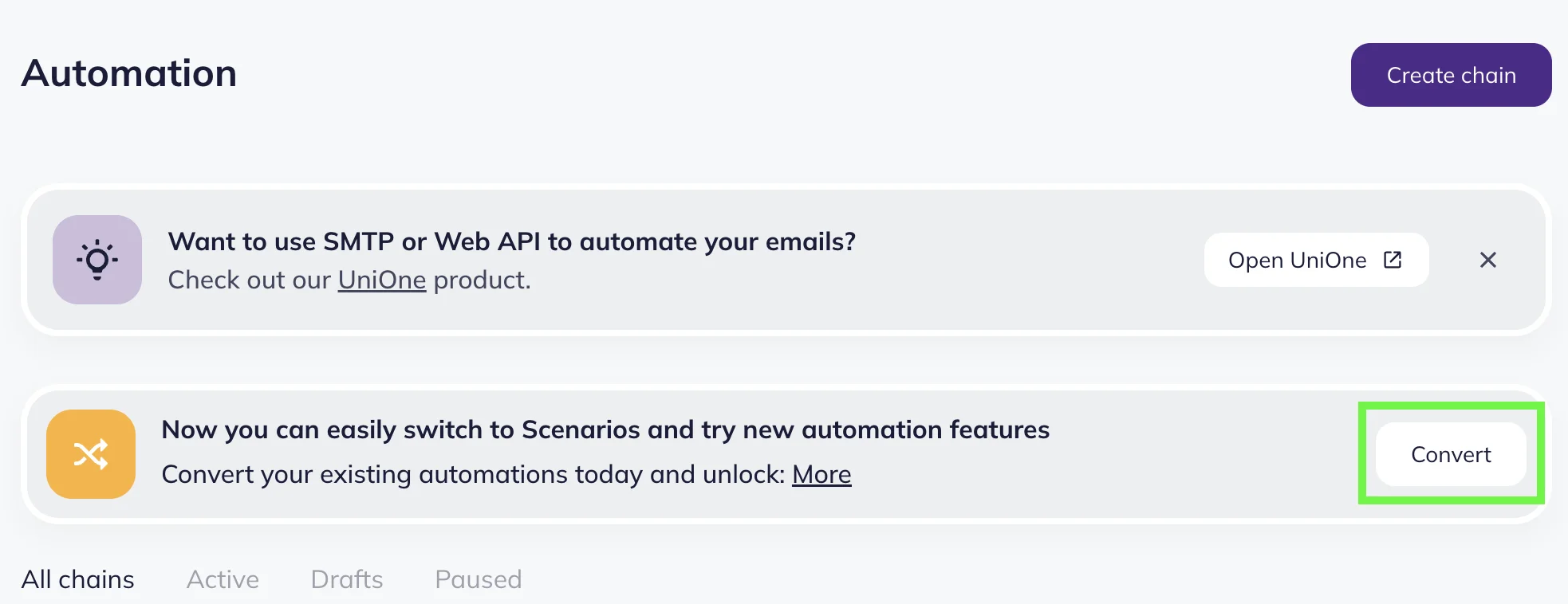 Notification with “Convert” button highlighted on Selzy’s Automation page 