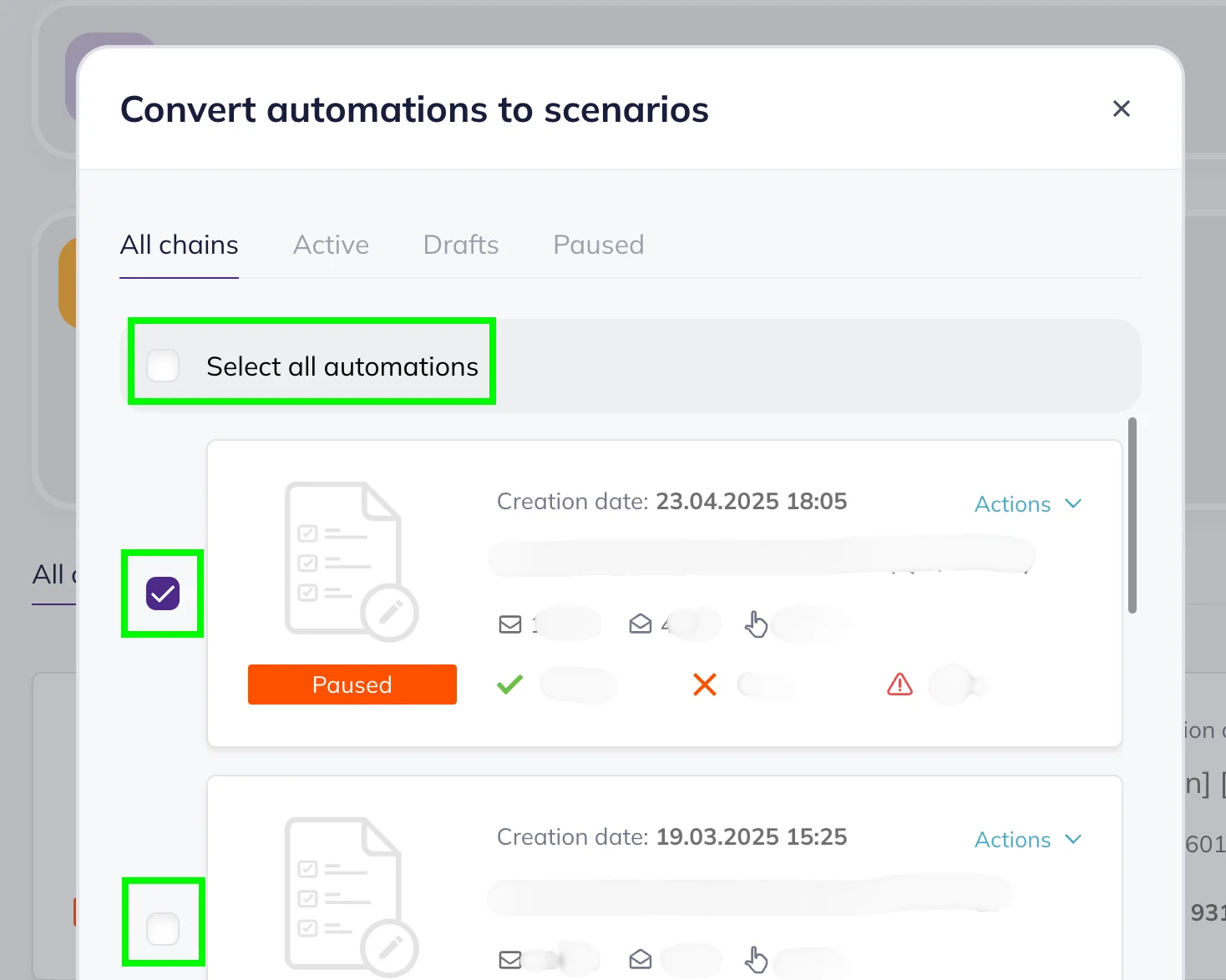A pop-up window with the list of your automations to convert.