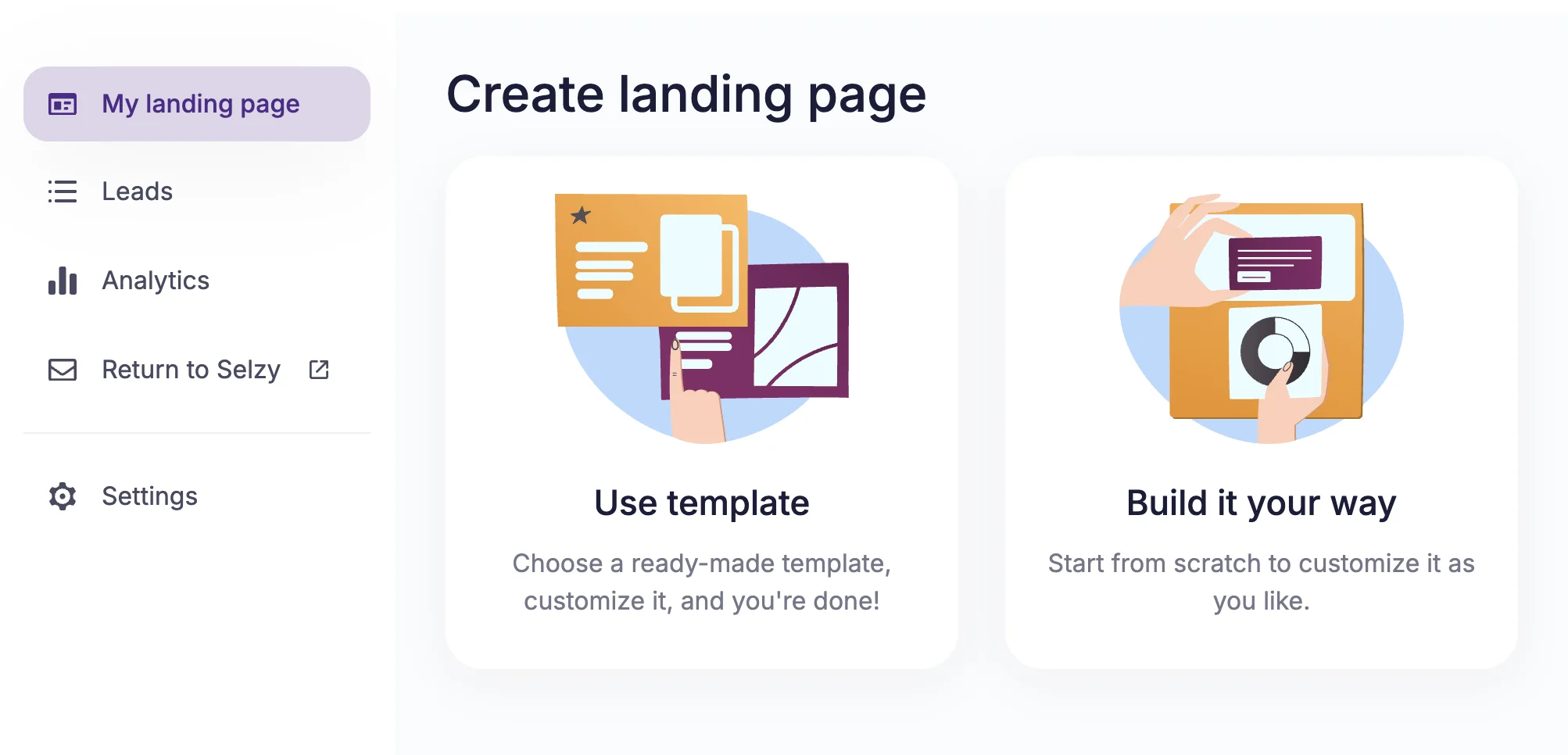 Landing page menu with the “Use template” and “Build it your way” buttons. 