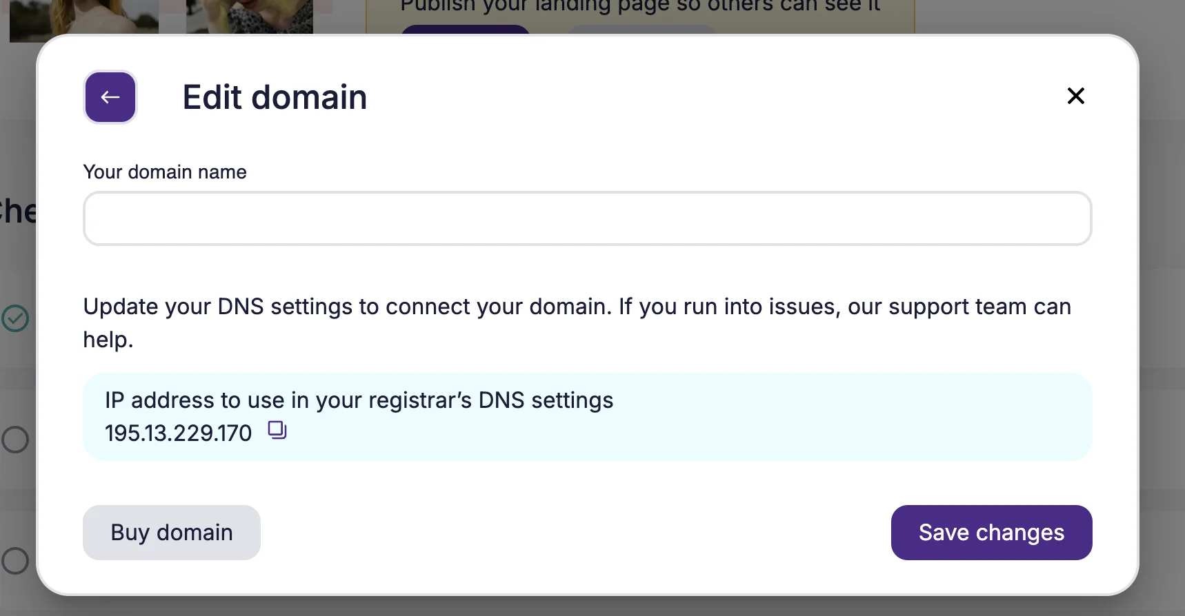 Edit domain pop-up window in Selzy’s Landing page builder 