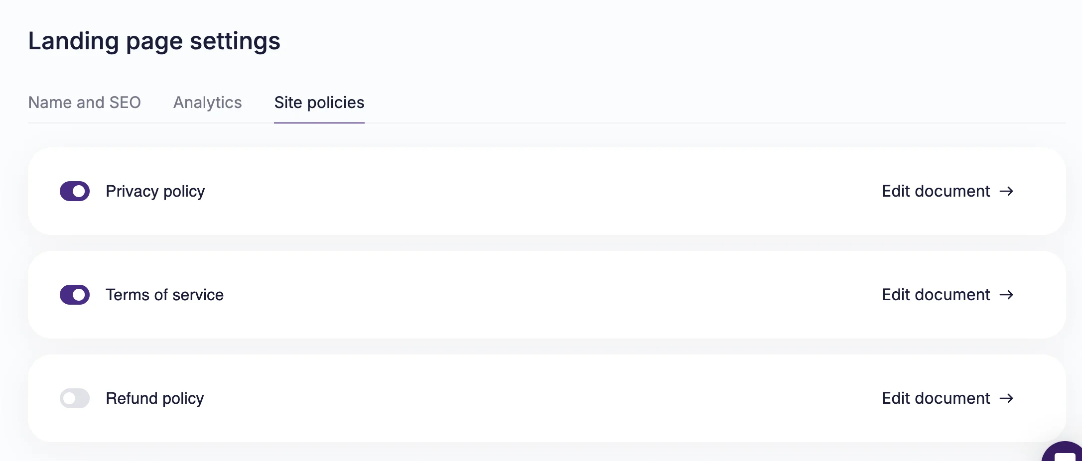 Landing page settings with Site policies tab opened 