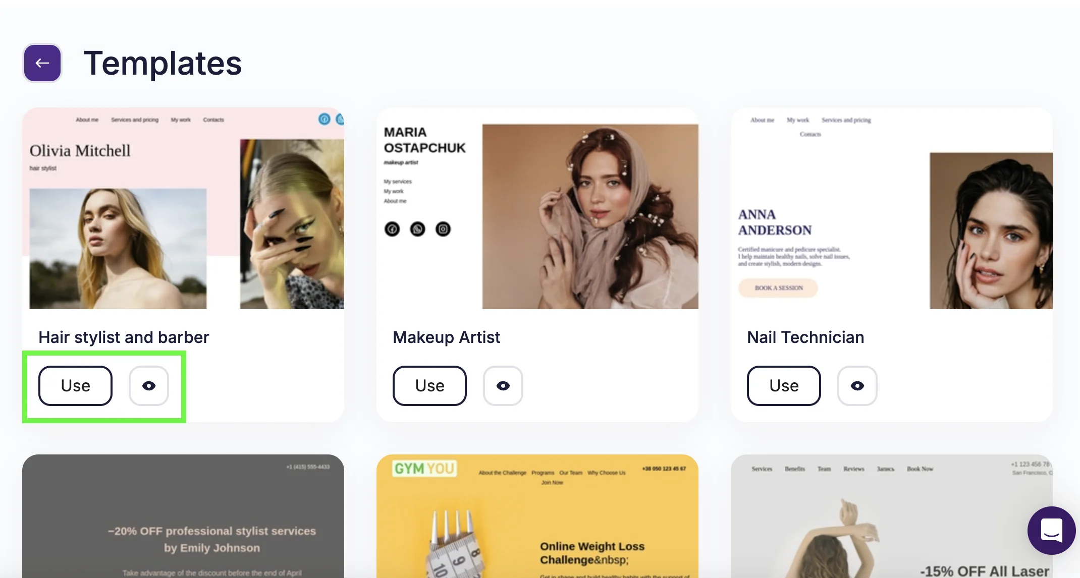 Landing page template library with template widgets, “Use” button and “Eye” button highlighted 