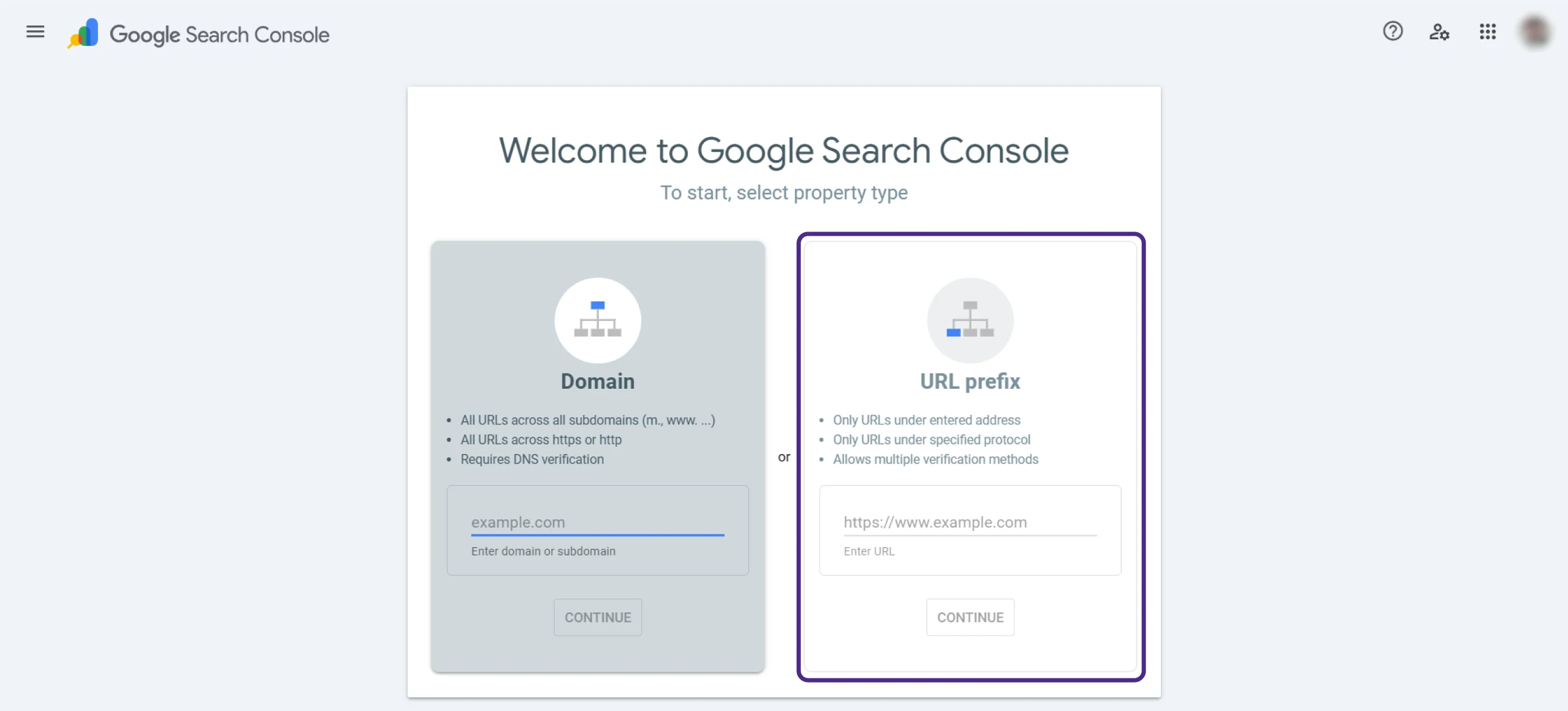 Google Search Console property setup screen with Domain and URL prefix options 