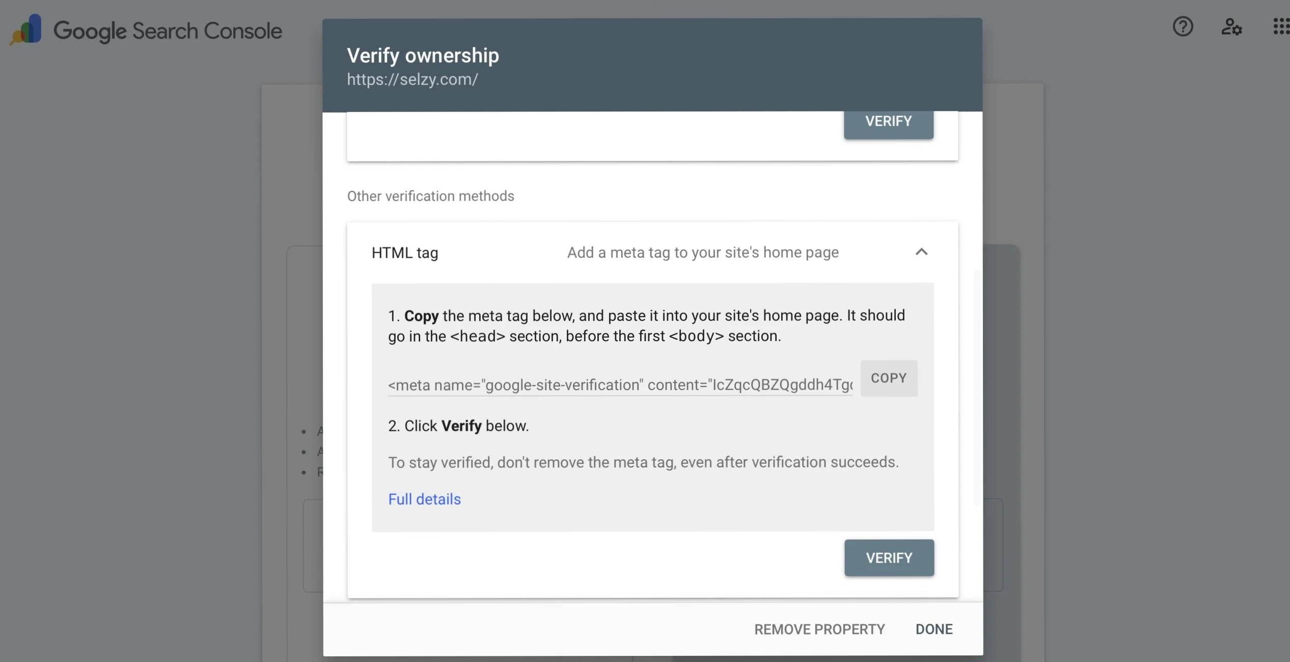 Google Search Console HTML tag verification window for confirming website ownership 