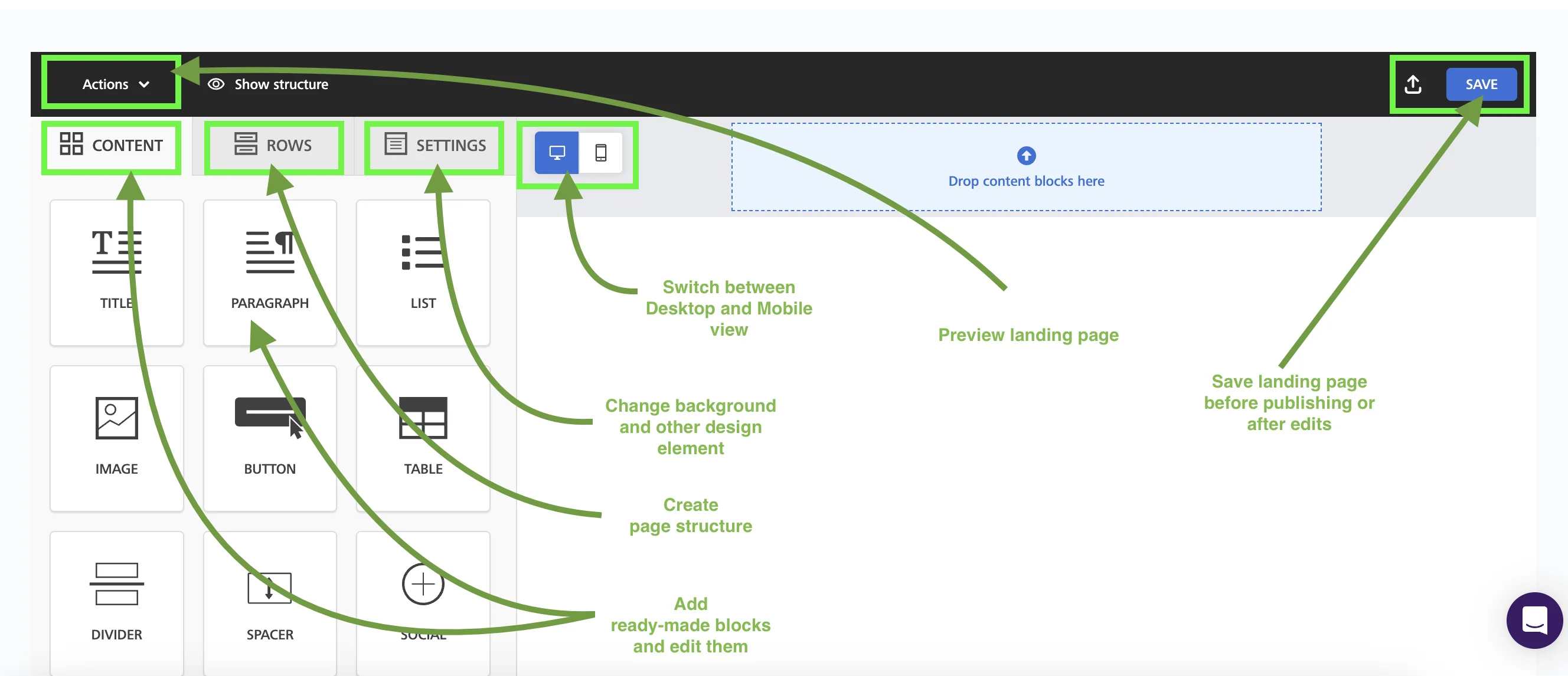 Landing page builder with Content, Rows and Setting tabs highlighted. 