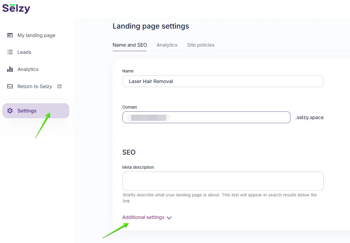 Accessing settings for connecting Google Search Console 