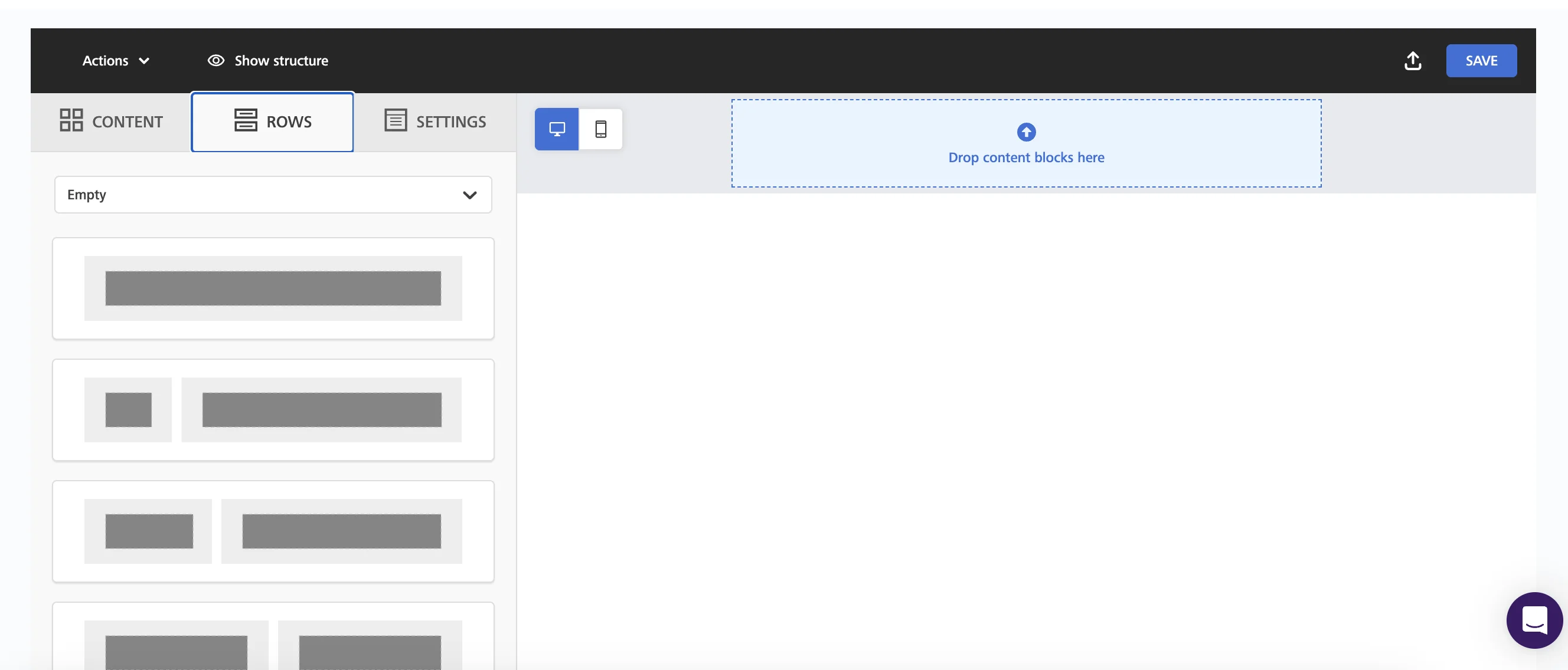 Landing page builder with Rows tab menu on the left