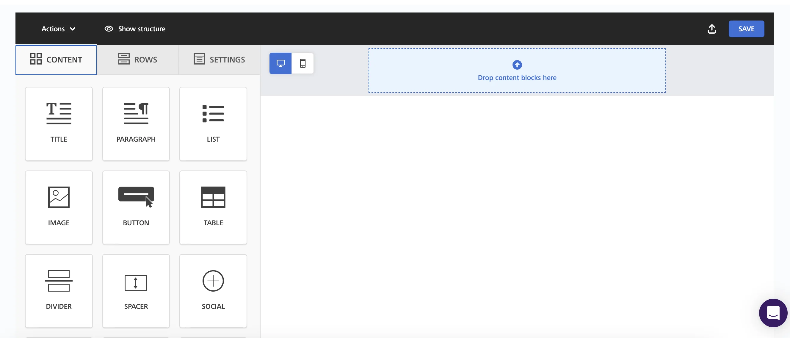 Landing page builder with Content tab menu on the left 