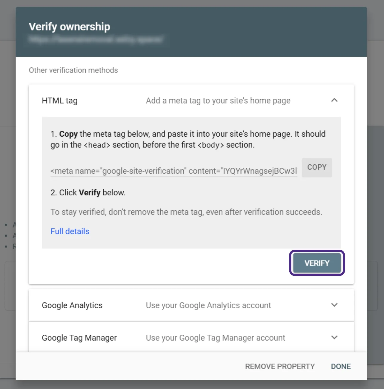 Google Search Console website ownership verification using HTML meta tag method 