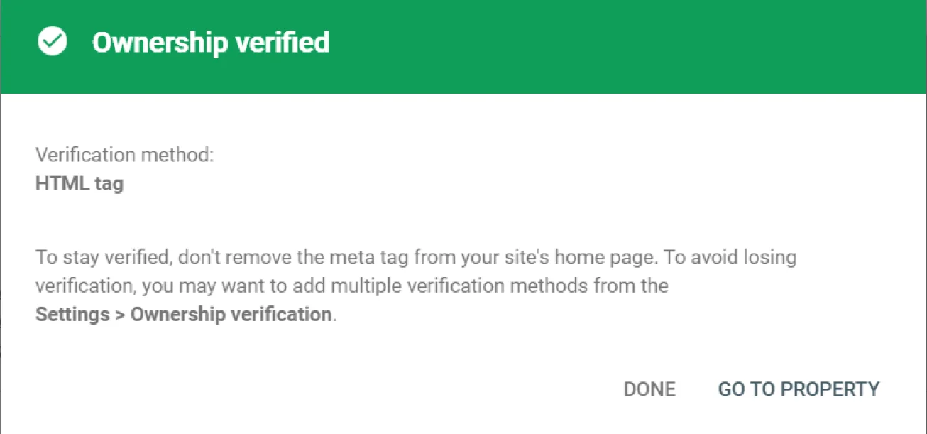 Google Search Console ownership verified success message 
