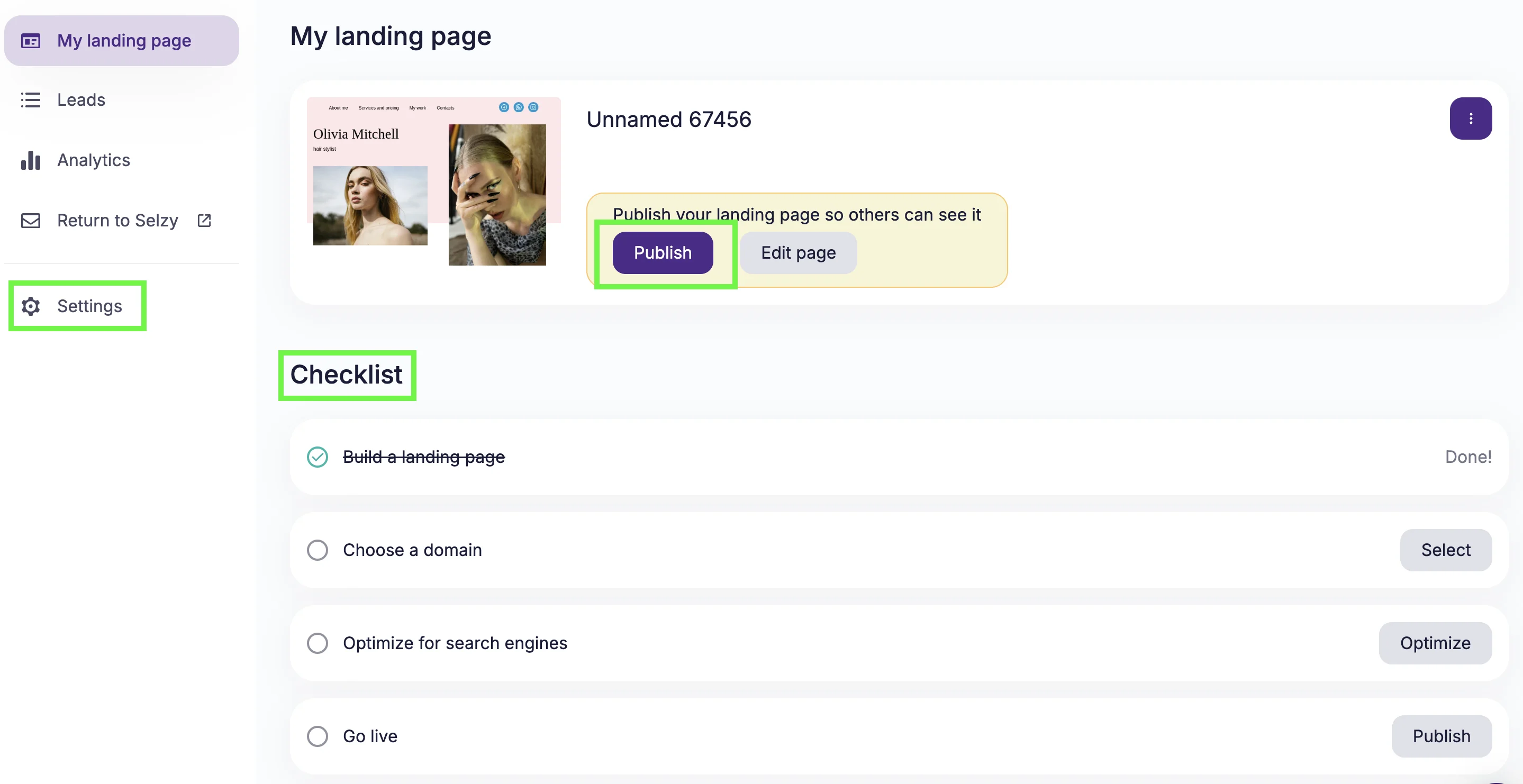 Landing page menu with unnamed landing page widget, “Publish” button, Checklist, and Settings highlighted 