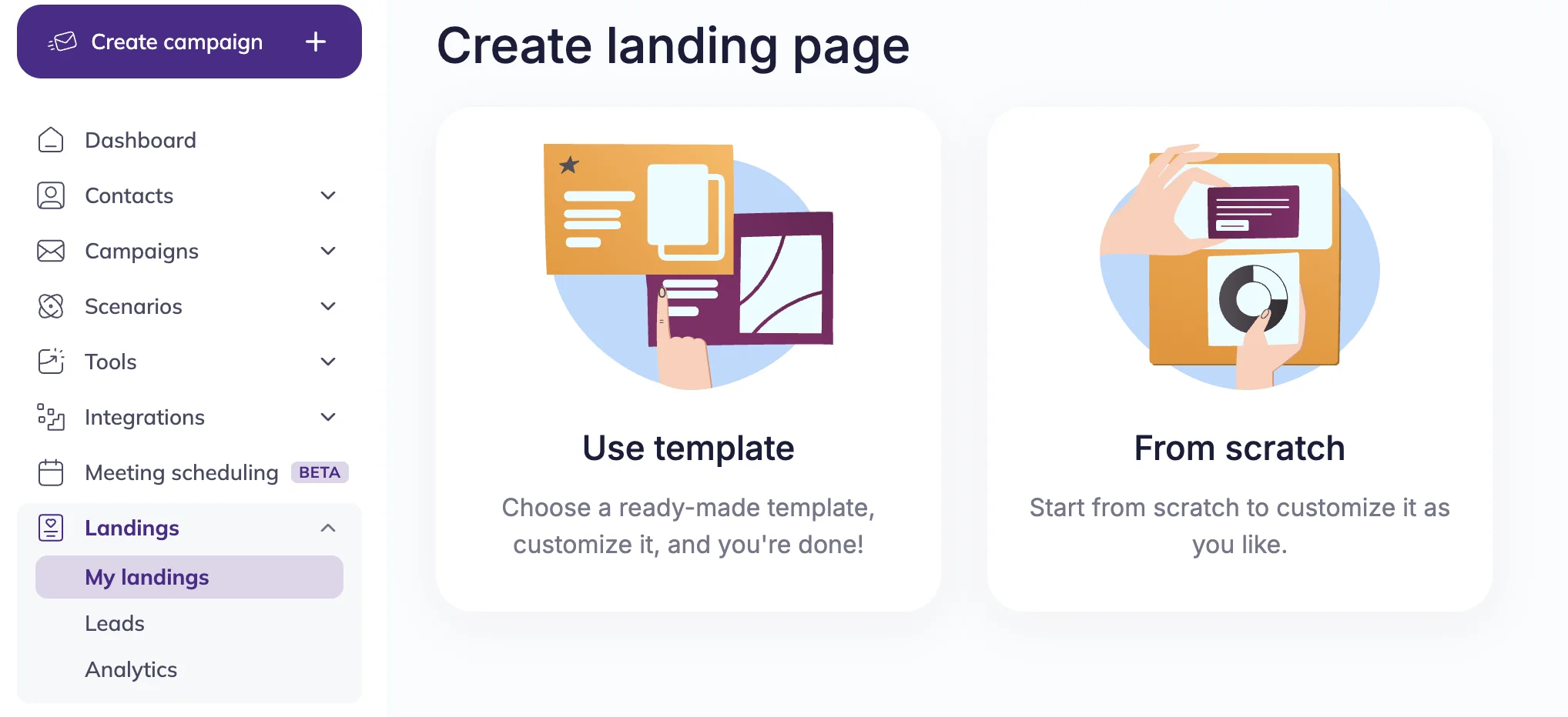 Landing page menu with the “Use template” and “Build it your way” buttons.
