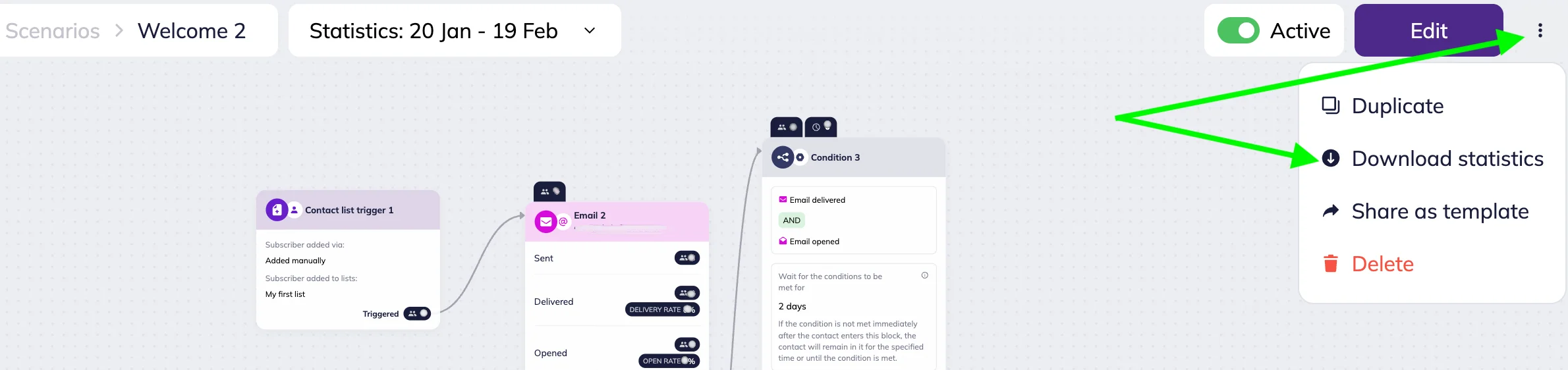 Selzy’s omnichannel scenario builder workspace with action menu highlighted 