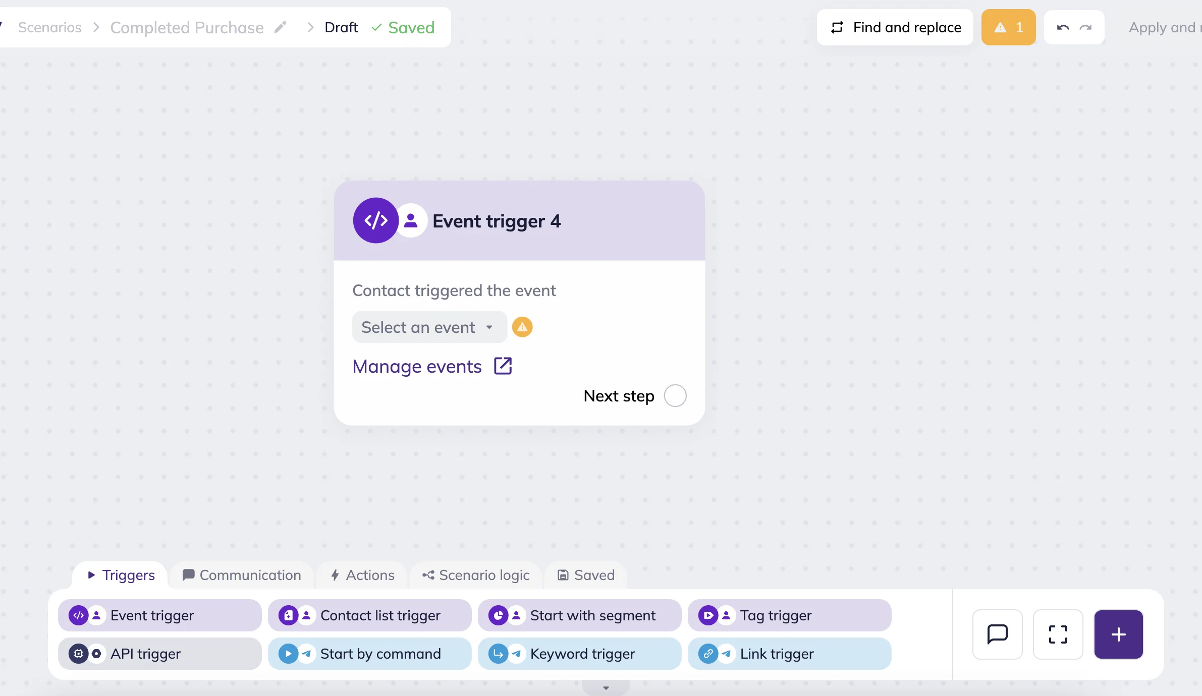 The event trigger block in Selzy omnichannel scenario workspace 