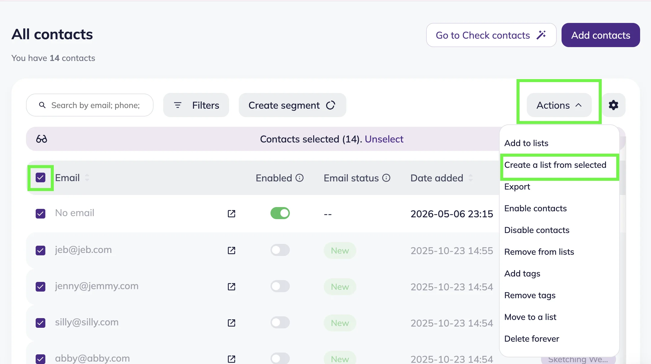 All contact page with email selected, Actions button and dropdown list