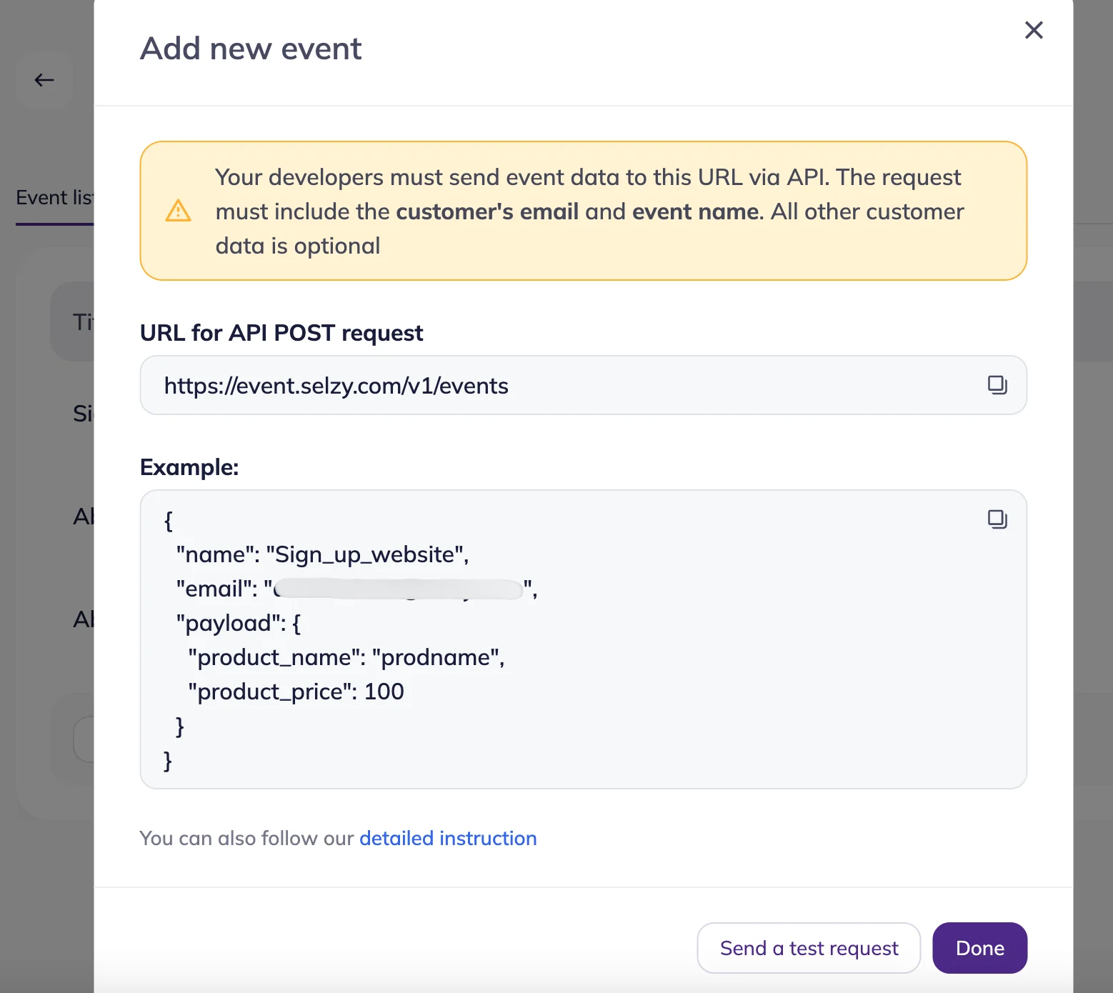 Add new event pop-up window with URL API POST request and an example.