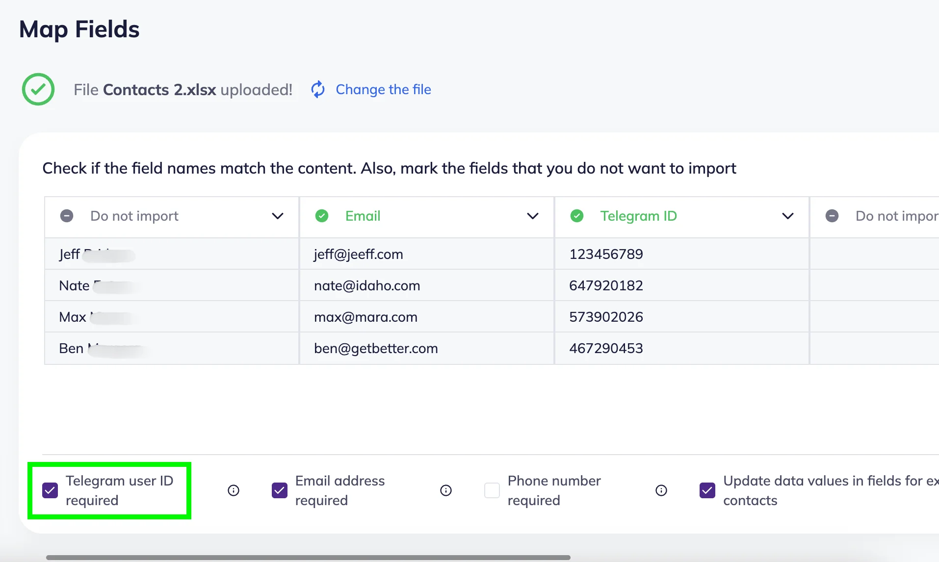 Fields mapping during contacts import in Selzy with the Telegram user ID required checkbox highlighted