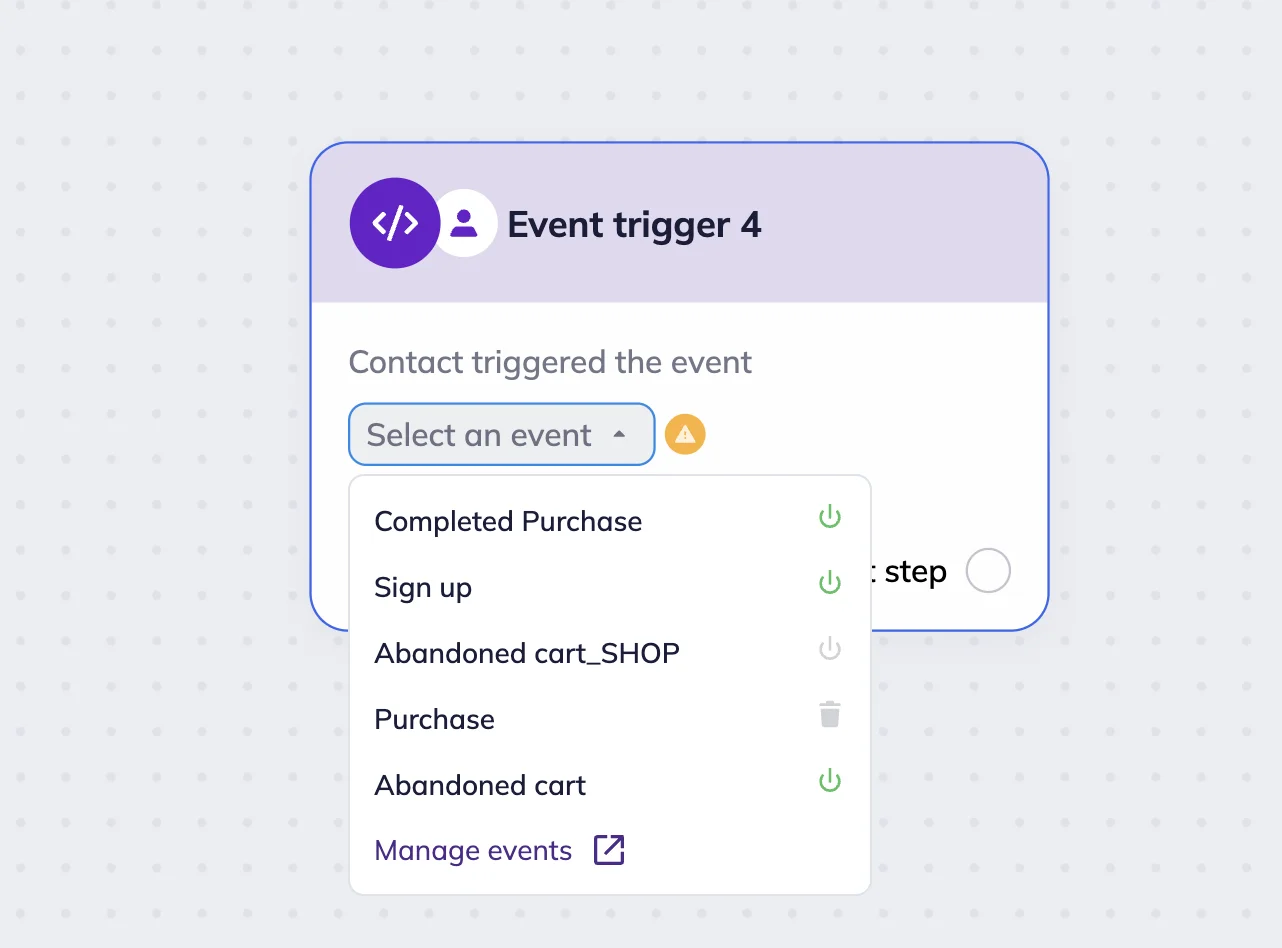 A dropdown list of events in the Event trigger. The list includes the disabled Abandoned cart event and deleted Purchase event 