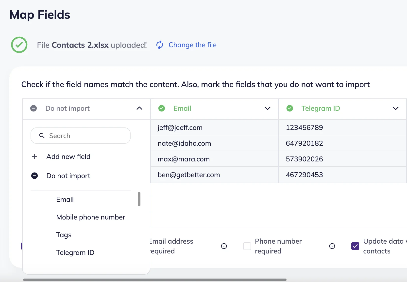 Fields mapping during the contact import to Selzy with Email and Telergram ID column, and Do not import column with dropdown menu.