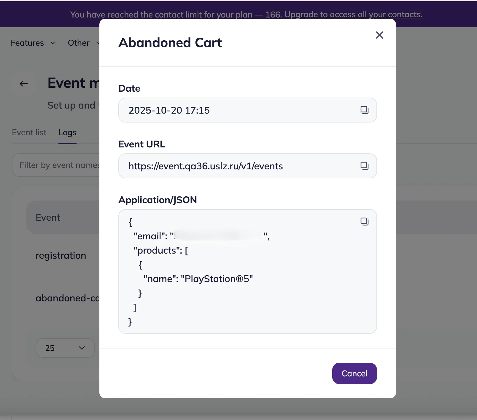 Pop-up window showing an example of the event log data, including Date, Event URL and Application/JSON