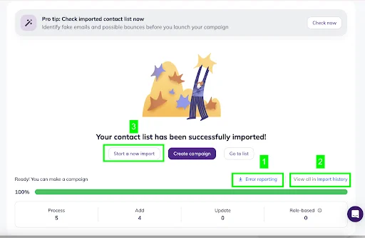 Import page in Selzy showing that contact list has been successfully imported. The Start a new import button, Error reporting and Import history links are highlighted.