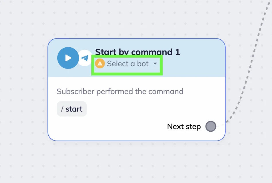 Start by command trigger block in Selzy omnichannel scenario with “Select a bot” button highlighted