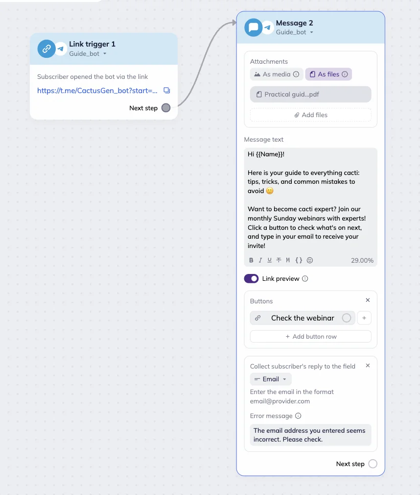 Link trigger block with generated link and a Telegram message block with a PDF file attached. The text invites a subscriber to download the cacti guide, join monthly webinars with experts and type their email address to receive an invitation. Button text reads “Check the webinar.” The data collection field includes an email address.