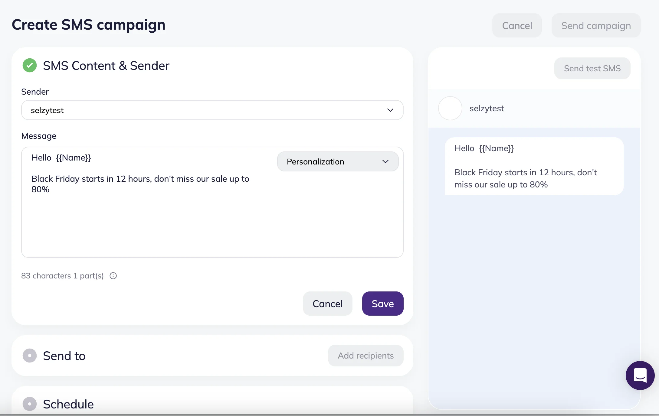 Create SMS campaign page in Selzy with SMS Content&Sender block opened.