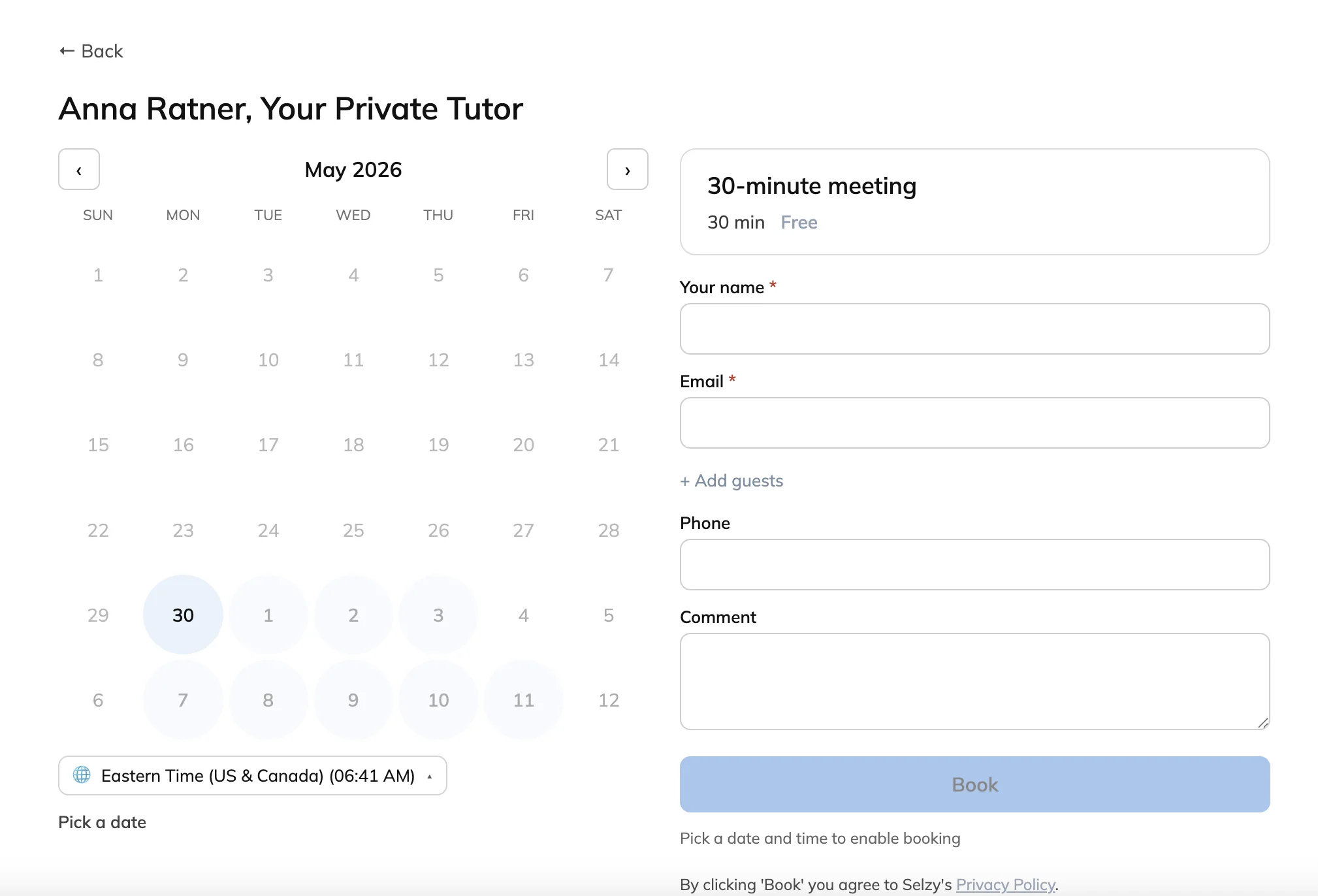 An example of a booking page with a date picker, and a form. 