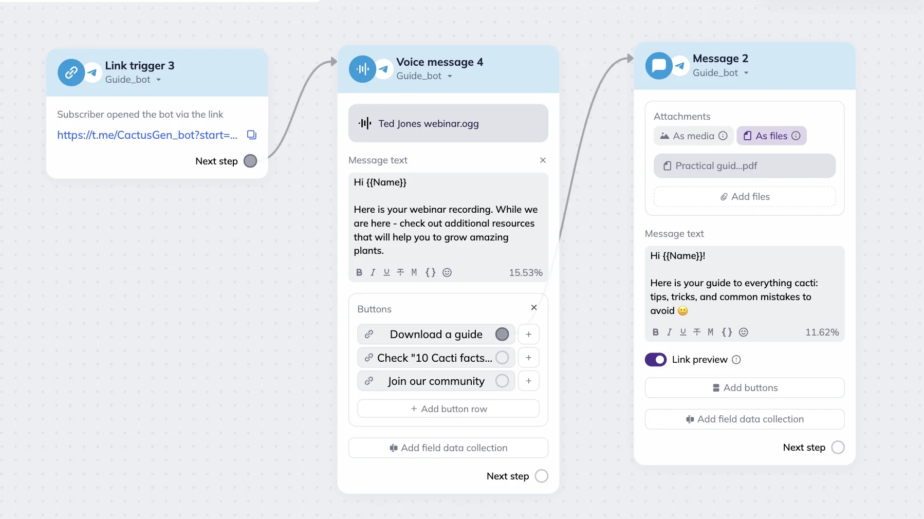 Link trigger block with generated link, a Voice message block with an invitation to check the additional resources and a Telegram message block with a PDF file attached. 