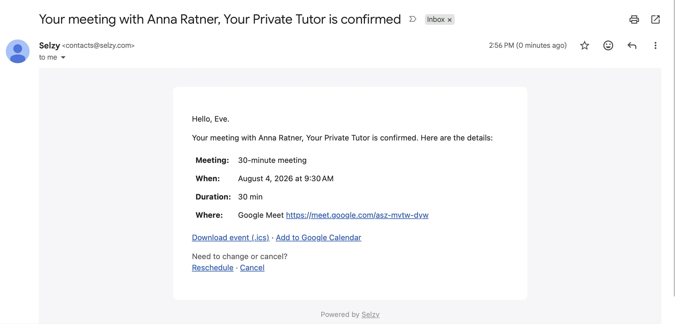 A screenshot of the booking confirmation email including the name, date, time, duration of the meeting and a link to Google Meet. 
