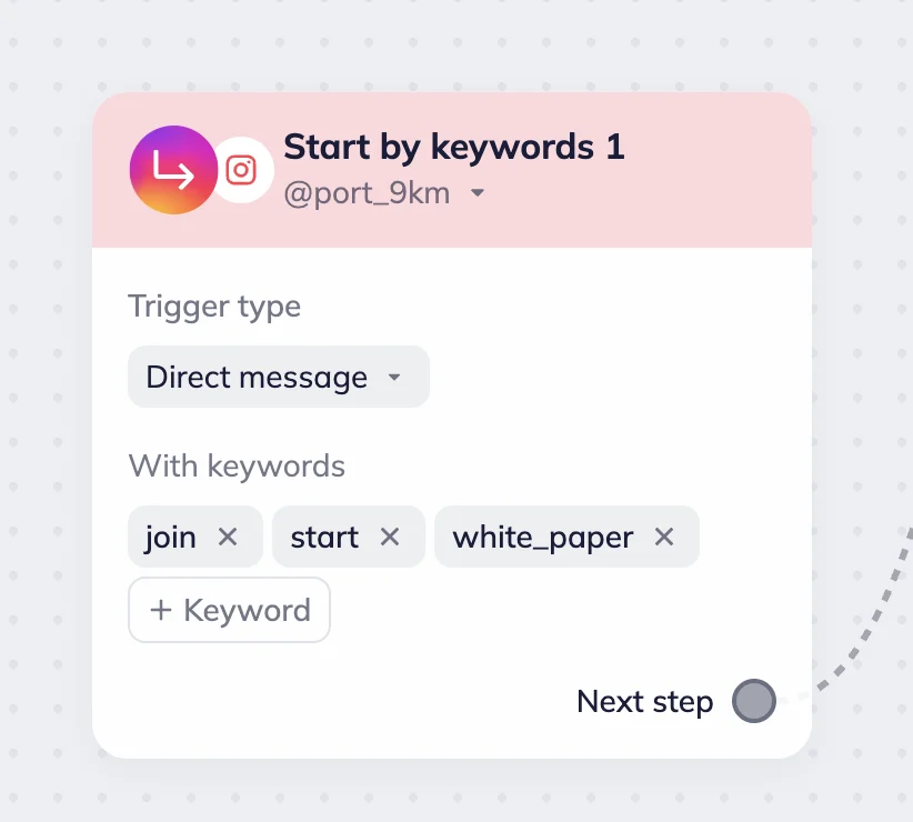 Instagram keyword trigger block in Selzyβs omnichannel automation scenario that includes βJoin,β βStart,β and βWhite_paperβ keywords