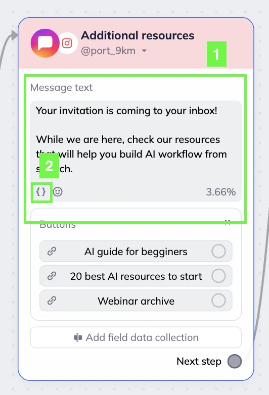 Instagram message block in Selzy’s omnichannel scenario with the Message text field and Merge tags icon highlighted