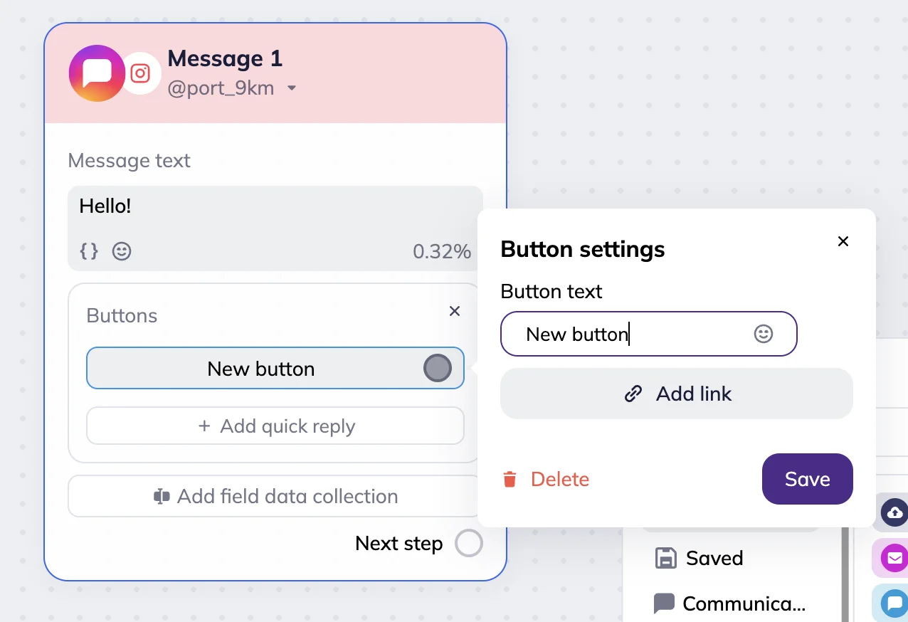 Instagram message block in Selzy’s omnichannel scenario with the Button settings open