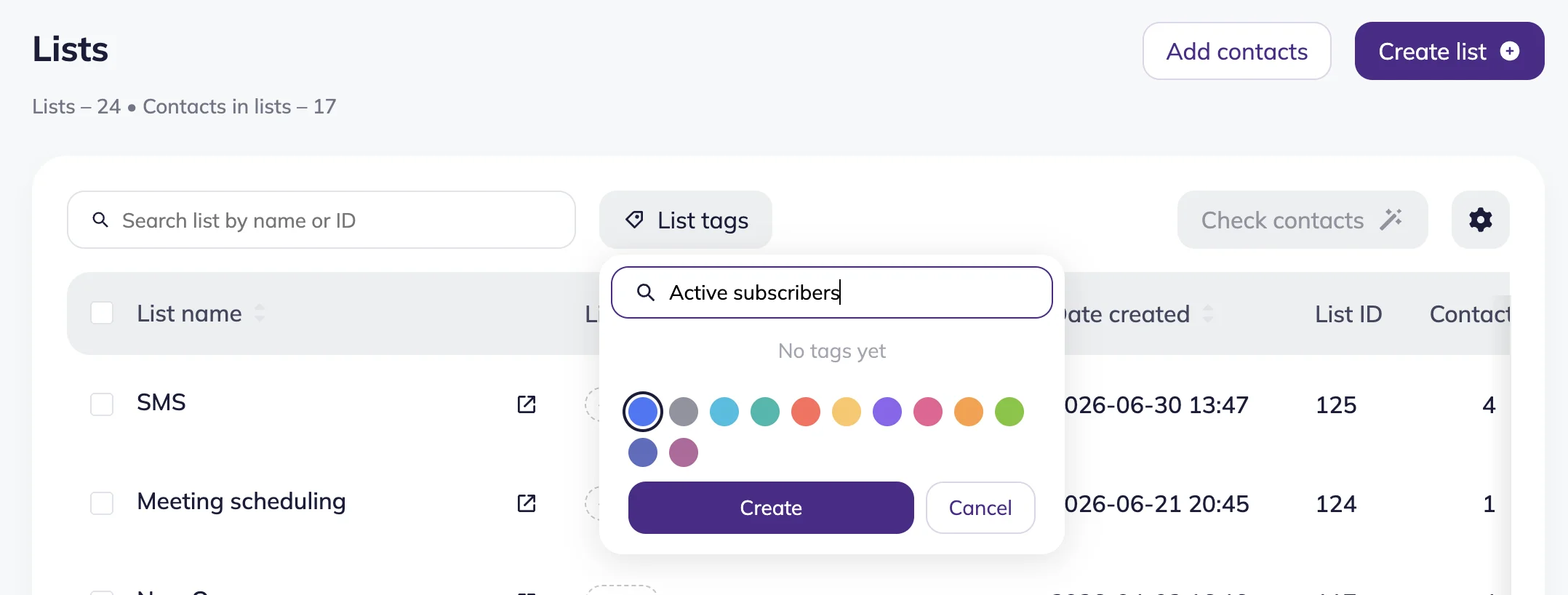 Lists page in Selzy with List tags menu