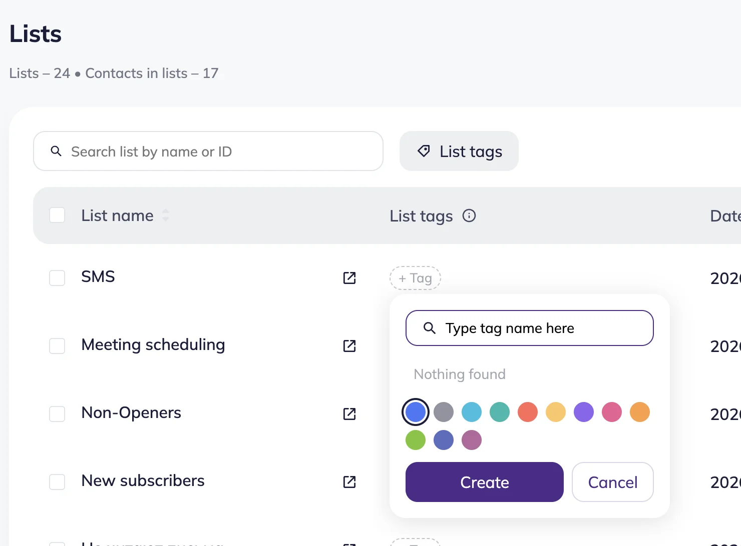 Lists page in Selzy with List tags menu