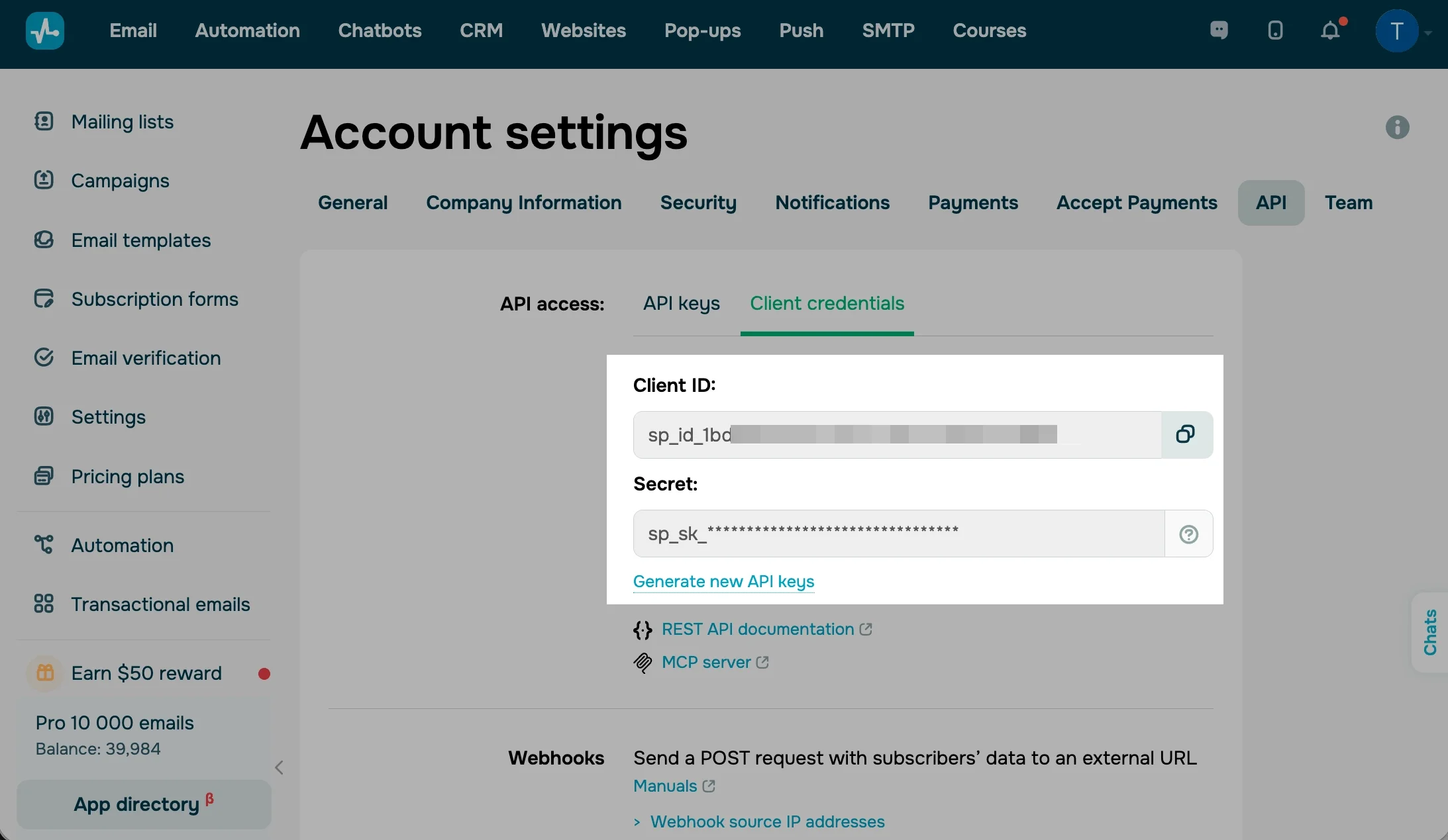 Account settings page in SendPulse with Client ID and Secret fields