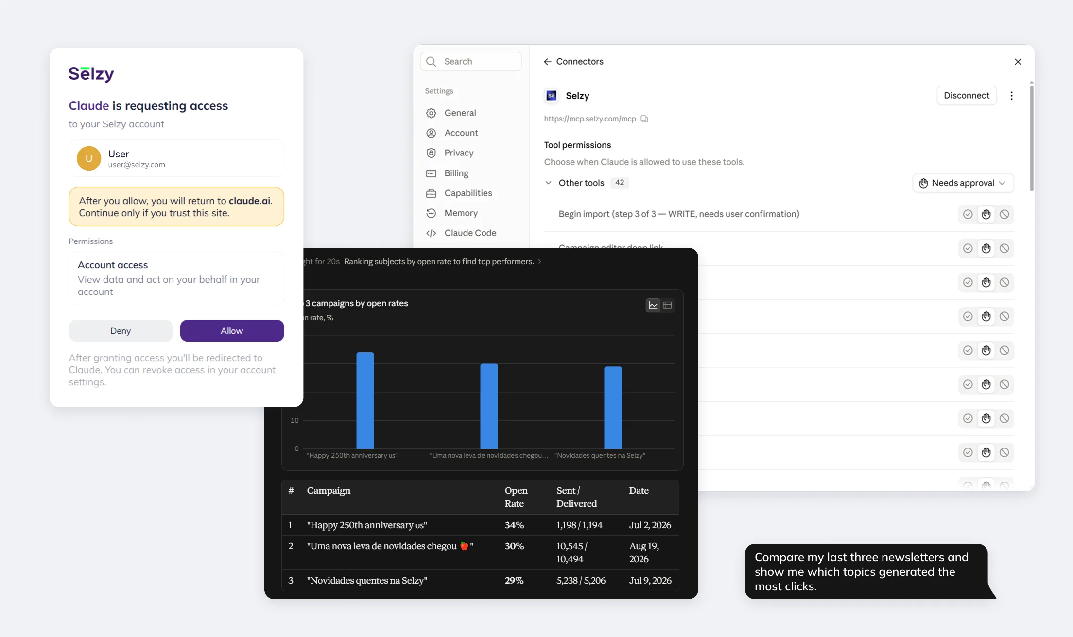 AI assistant using Selzy MCP to analyze campaign data and request approval for an action