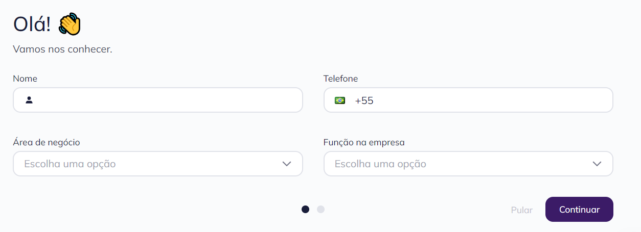 Tela de dados pessoas para preenchimento solicitando nome, telefone, área do negócio e função na empresa.